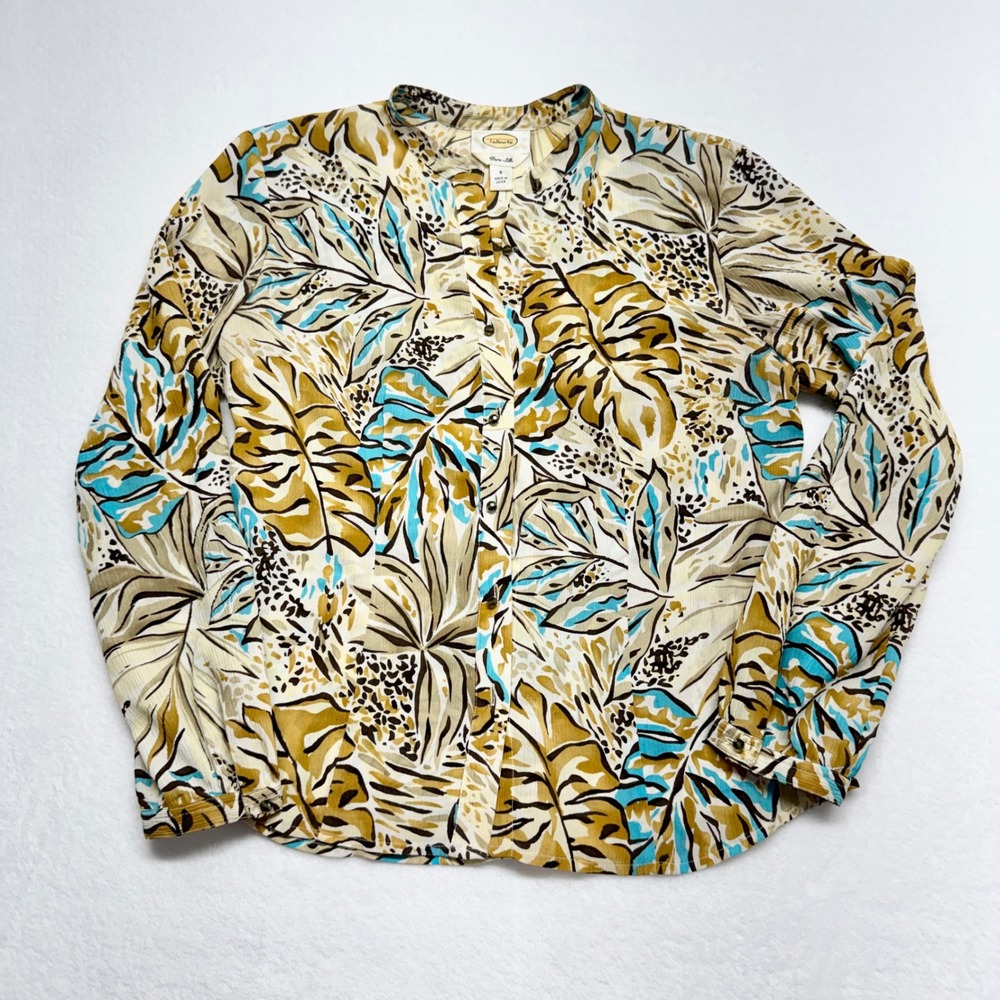 Talbots Pure Silk Tropical Leaf Blouse Womens Size 6 Gold Brown Animal Print Top